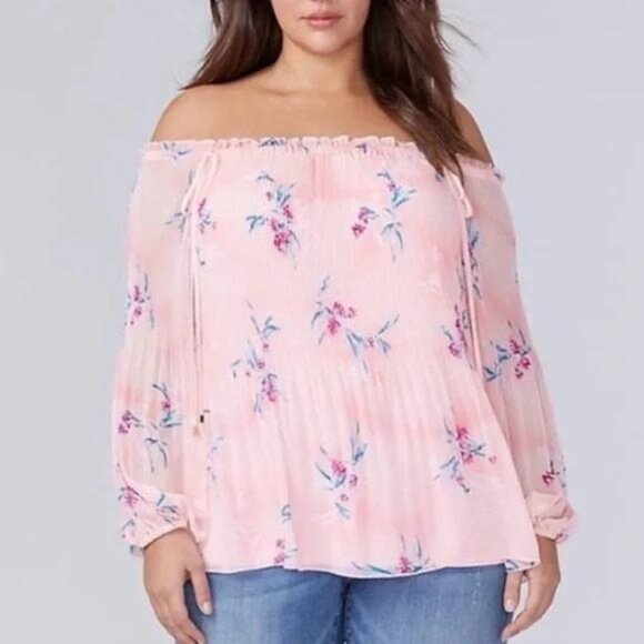 Lane Bryant Pink Off-Shoulder Floral Blouse - Picture 1 of 7